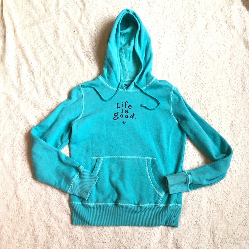 Life is good semi fitted embroidered front pocket hoodie